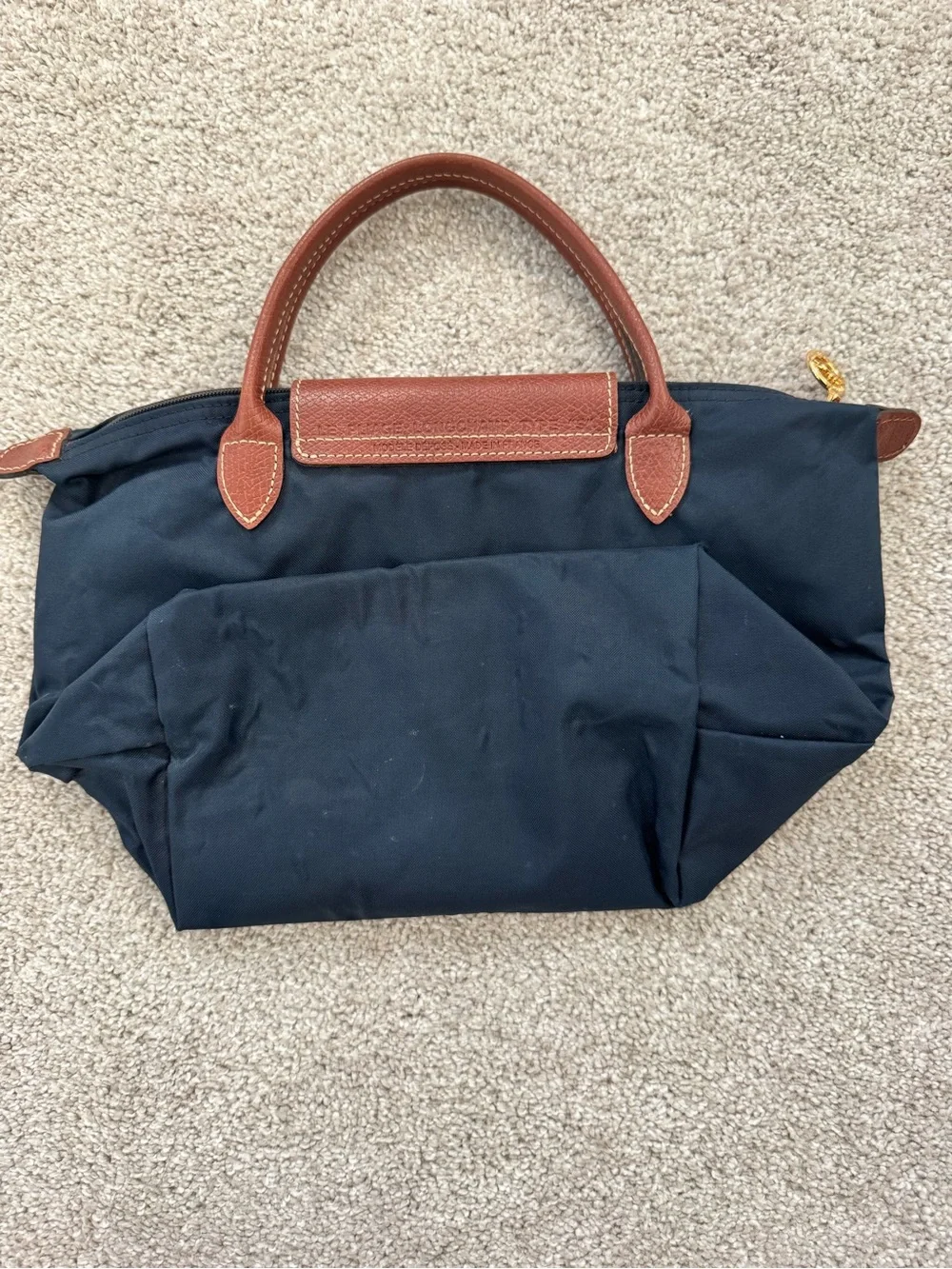Longchamp Le Pliage Small Navy Tote with Brown Leather Trim Quiet Luxury Minimal